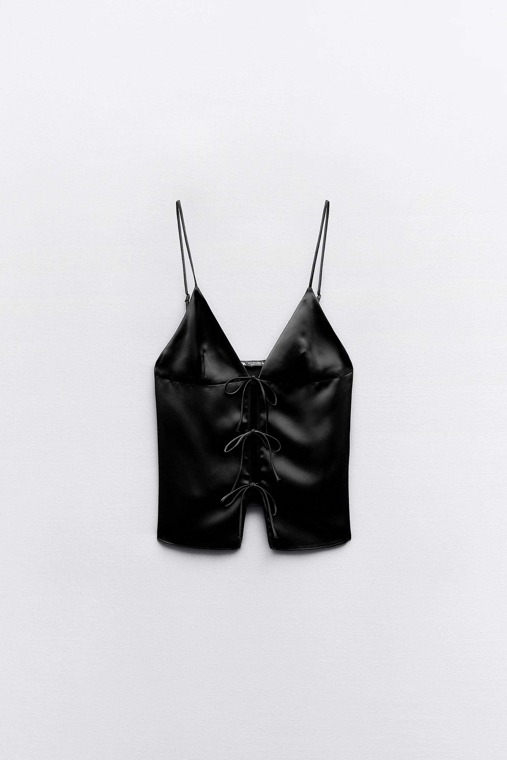 Zara Black Satin Smocked Back Crop Top Bralette Style Size XS
