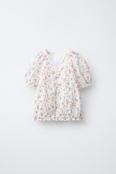 BLUZA S CVETLIČNIM POTISKOM IN ČIPKO - Ekru barva / Rdeča od Zare