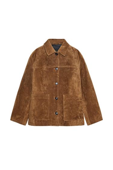 Front view of a brown jacket with a lapel collar, long sleeves, patch pockets and button-up front fastening.