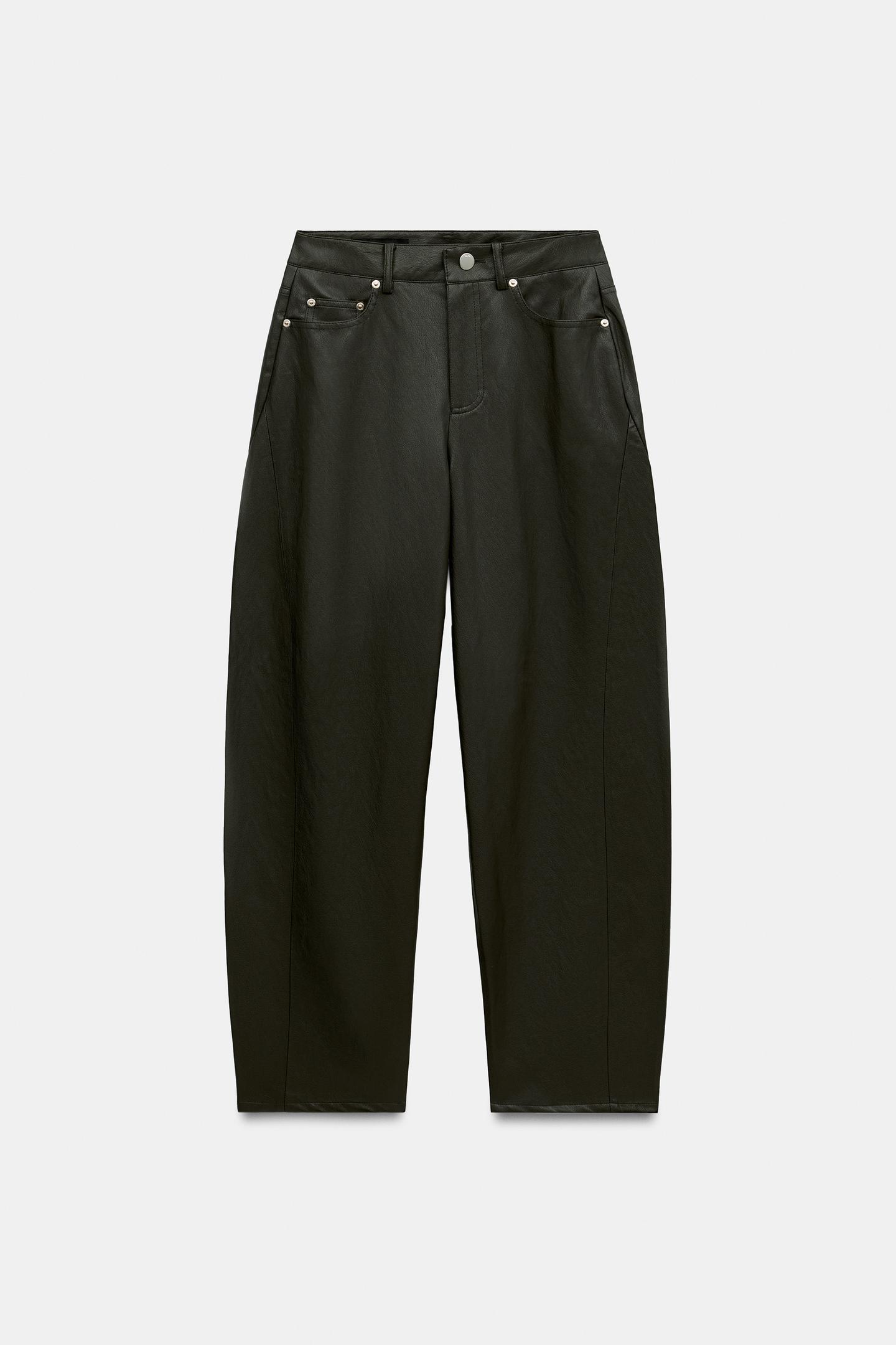 Женские брюки Zara Faux Leather Barrel, цвет: Тёмный хаки — фото 7