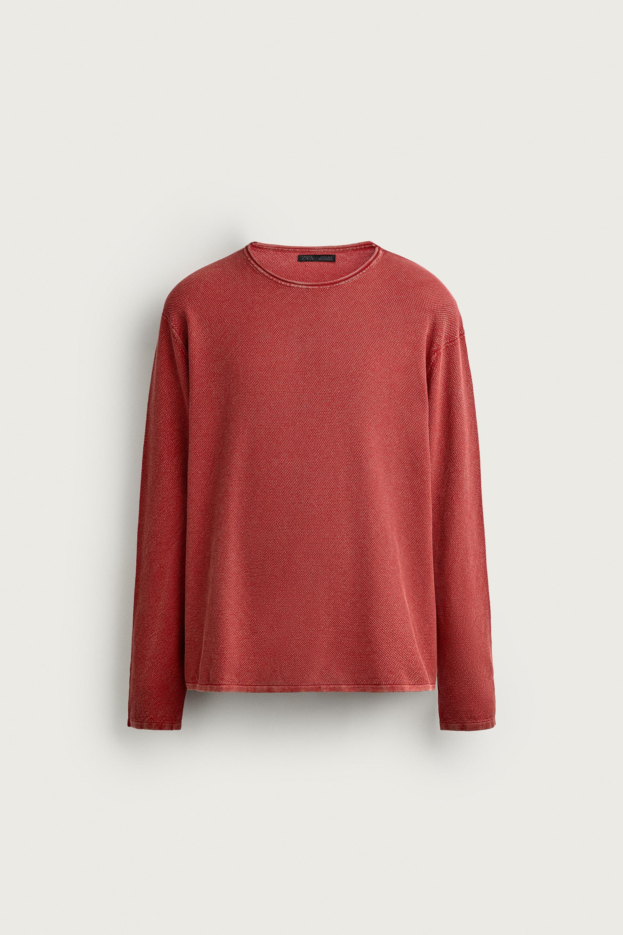 RELAXED FIT WASHED TEXTURE SWEATER — Red
