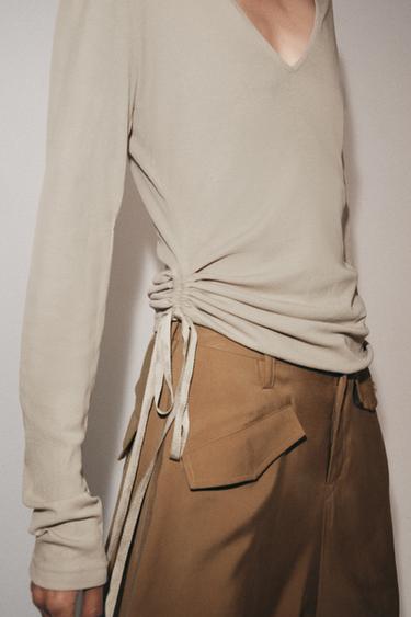 Zara V-NECK T-SHIRT WITH TIES - Brown / Taupe