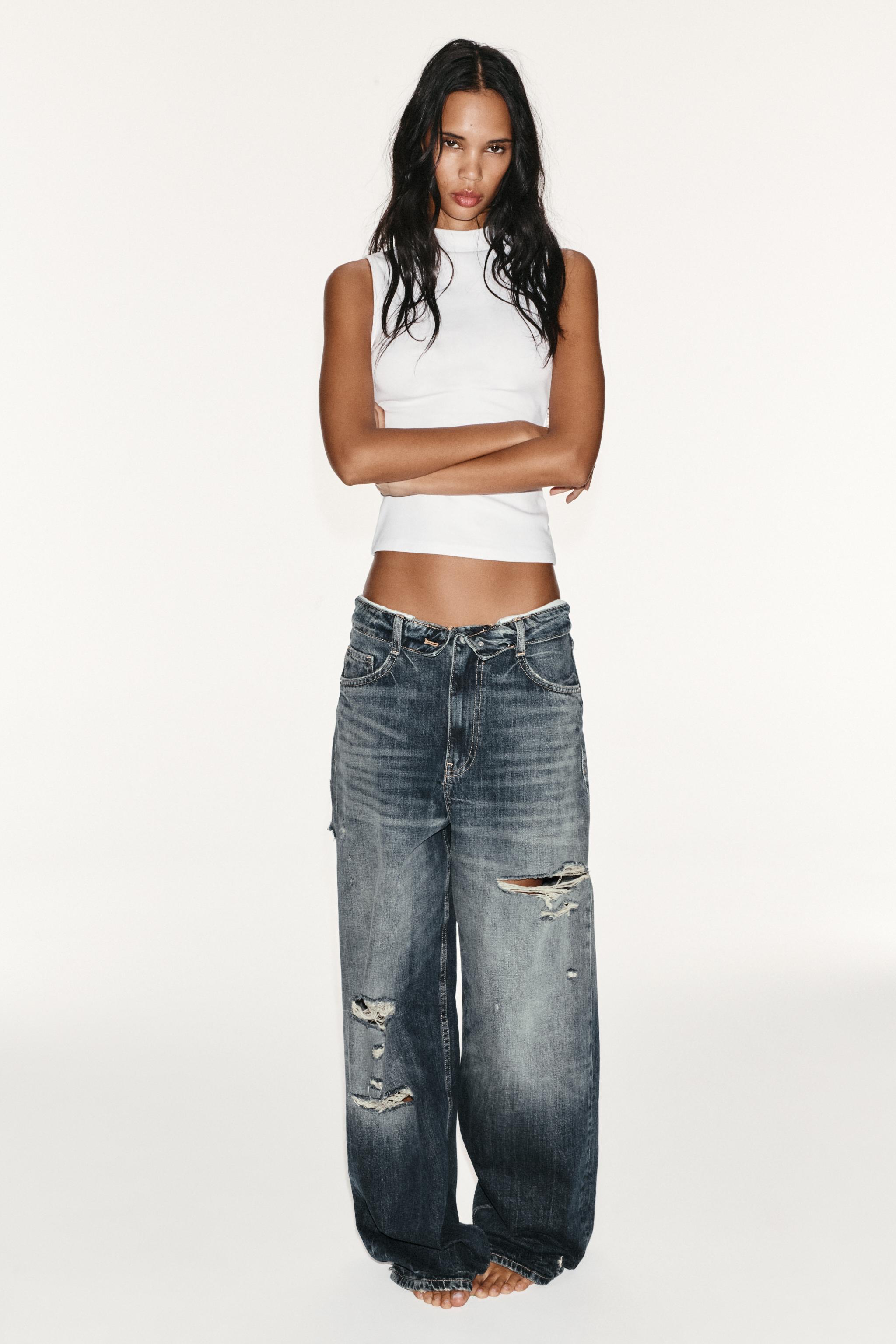 Trf Mid-Rise Folded Waistband Ripped Jeans by Zara