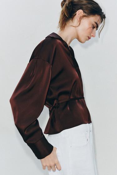 SATIN BLOUSE WITH BELT - Chocolate brown by Zara - Image 3