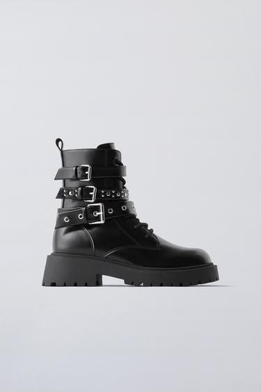 Zara TRIPLE BUCKLE ANKLE BOOTS - Black