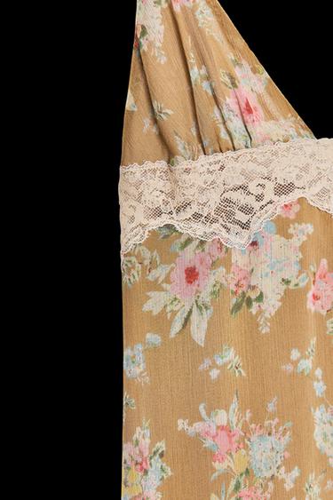 MIDI-KLEID MIT BLUMENPRINT UND SPITZE - Khaki von Zara