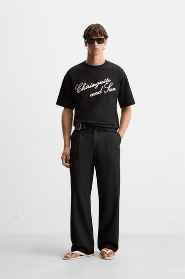 Zara EMBROIDERED TEXT T-SHIRT - Black - Image 0