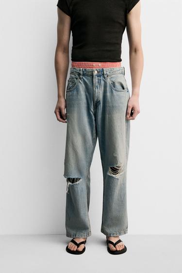 RIPPED BAGGY FIT JEANS - Light blue by Zara