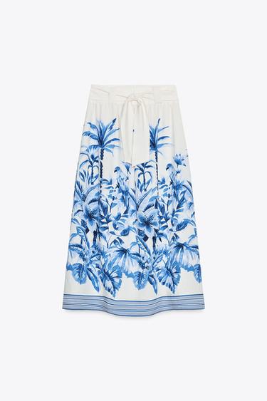JUPE MI-LONGUE À IMPRIMÉ TROPICAL - Écru / Bleu de Zara - Image 4