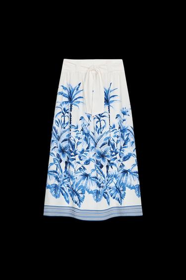 FALDA MIDI ESTAMPADO TROPICAL - Crudo / Azul de Zara