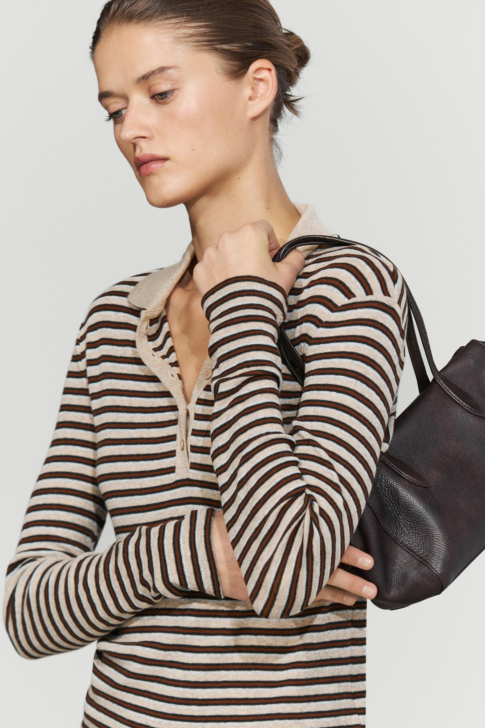 Long sleeve striped wool-blend polo