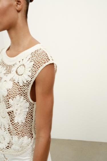 FLORAL CROCHET TOP - White by Zara - Image 3
