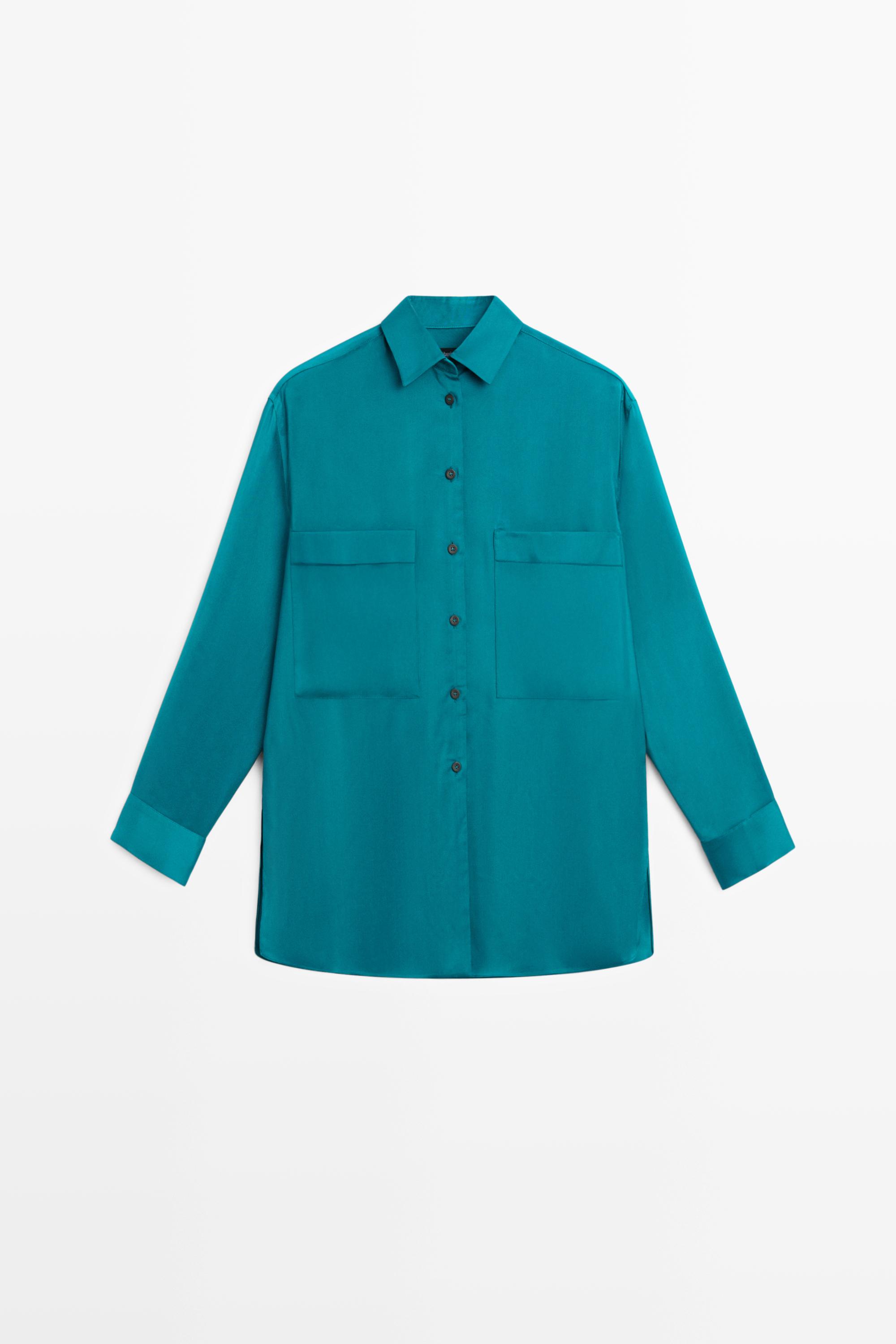 Flowing satin shirt with pockets — Blue / Green