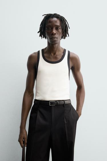 Zara CONTRAST RIB TANK TOP - White / Navy