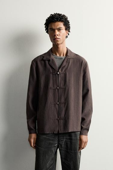 FLUID SHIRT WITH FROG FASTENING — Brown 2