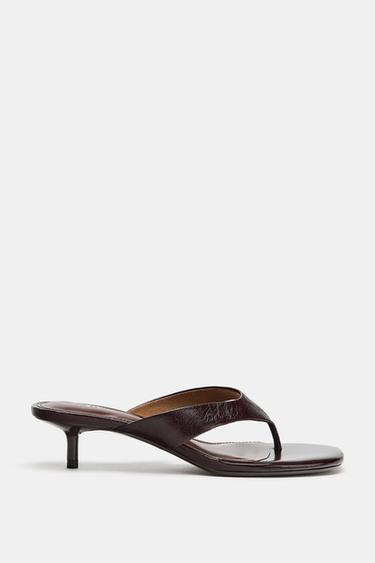LEATHER KITTEN-HEEL SANDALS - Brown by Zara - Image 0