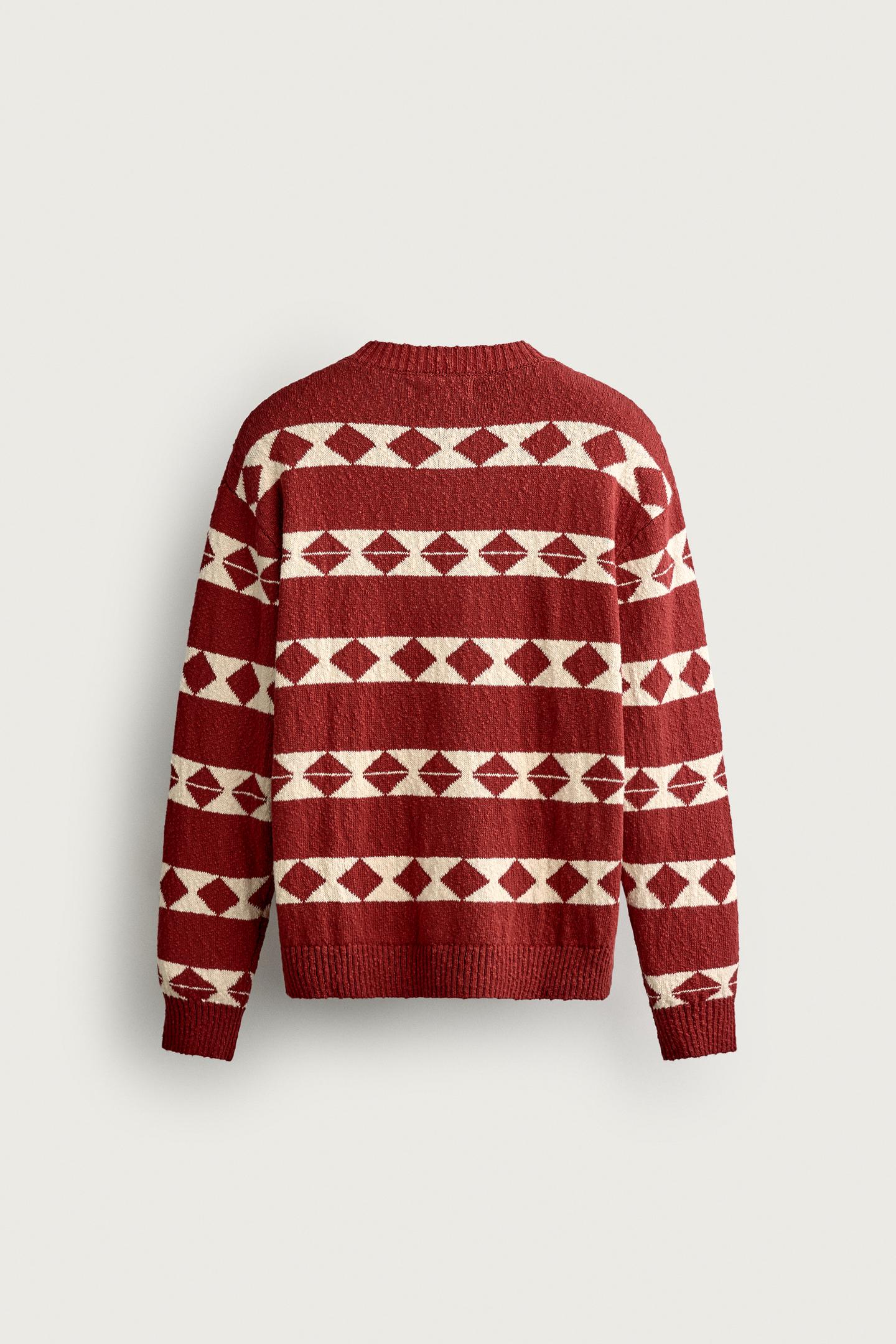Мужской свитер Zara Geometric Jacquard Relaxed Fit, цвет: Красный — фото 8