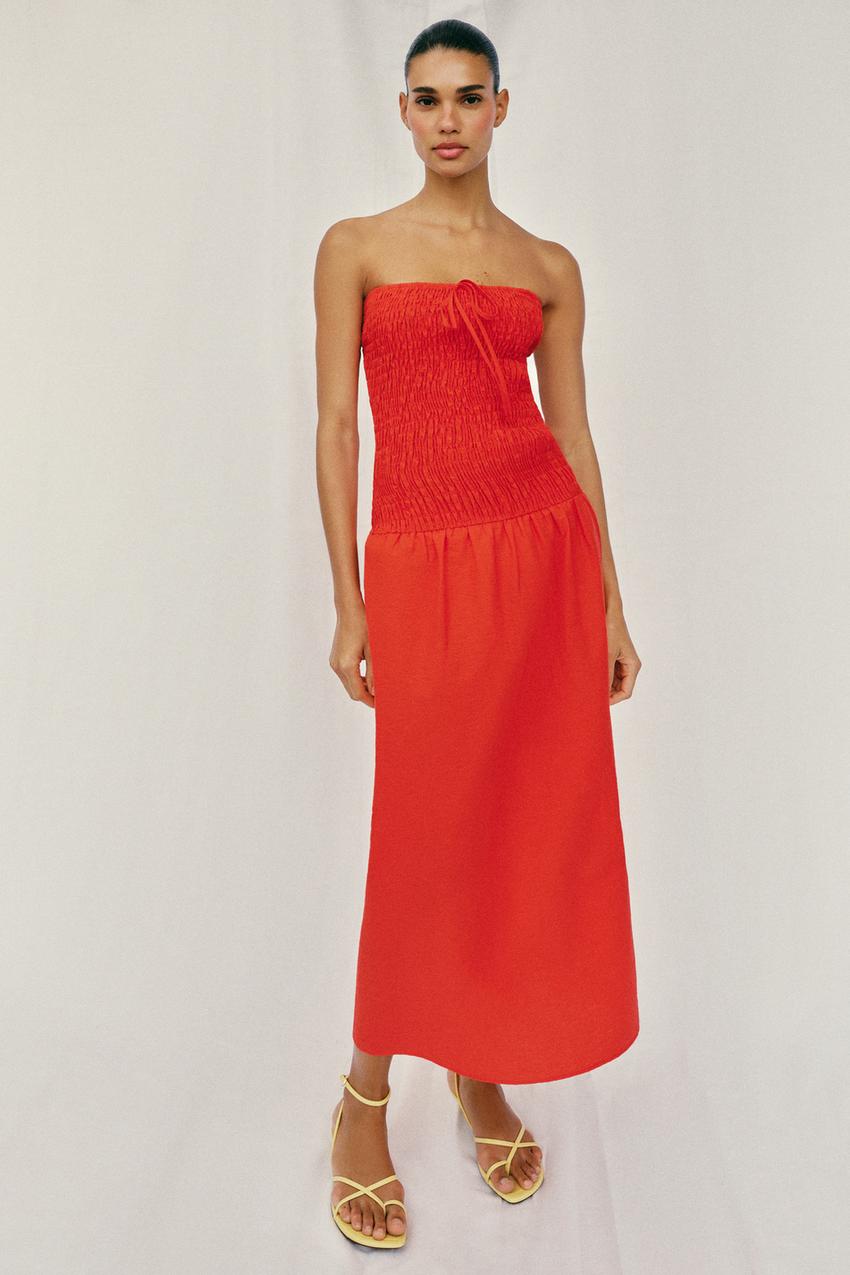 SMOCKED MIDI DRESS - RED | ZARA United States SMOCKED MIDI DRESS - RED | ZARA United States