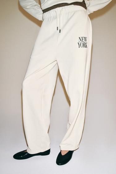Zara TEXT WIDE-LEG TROUSERS - Oyster-white