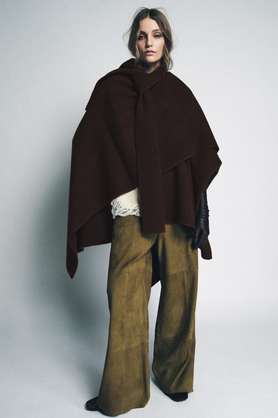 KNIT CAPE WITH CONTRASTING THREAD SCARF - Brown | ZARA United States KNIT CAPE WITH CONTRASTING THREAD SCARF - Brown | ZARA United States