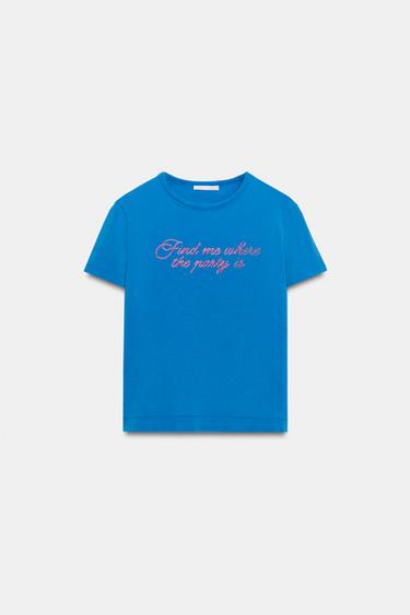 Zara 水洗感亮片文字 T 恤 - 藍色