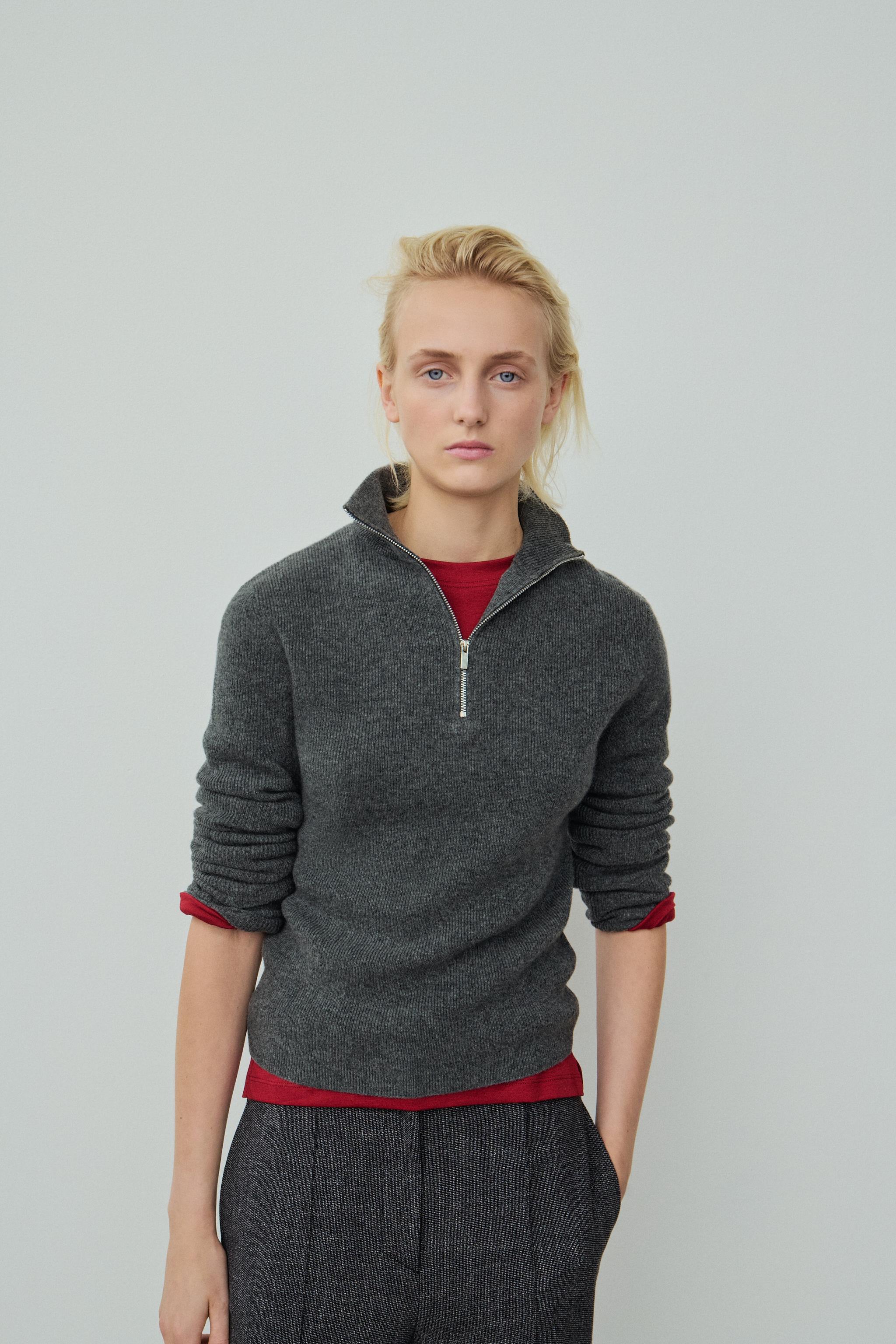 100% WOOL ZIP-UP SWEATER — Mid-gray