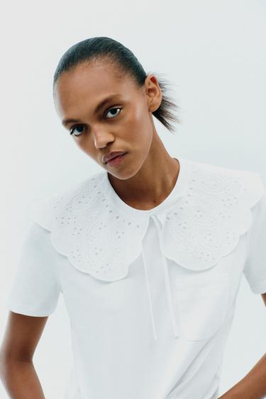 EMBROIDERED PETER PAN COLLAR T-SHIRT - White by Zara