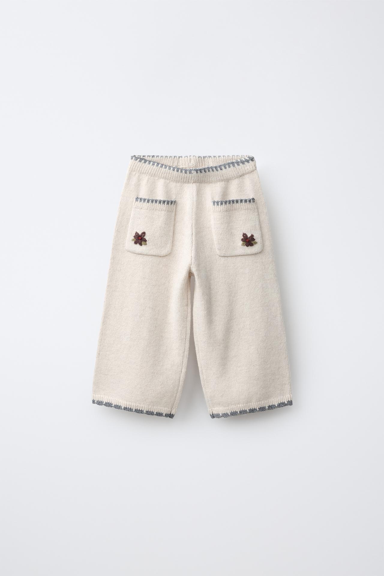 WOOL-BLEND EMBROIDERED FLORAL KNIT CULOTTES — Ecru / Marl