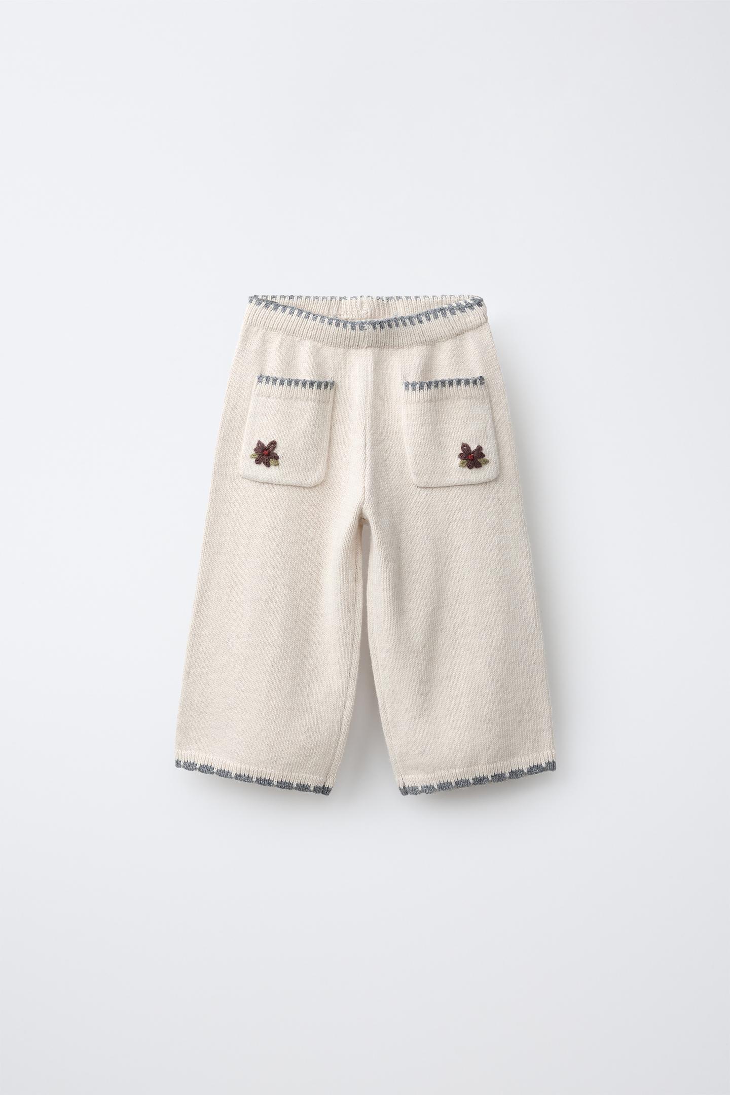 Детские брюки Zara Wool-Blend Embroidered Floral Knit Culottes, цвет: Экрю / Меланжевый — фото 1