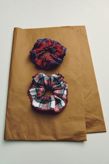 Zara TWO-PACK FLANNEL PLAID SCRUNCHIES - Red
