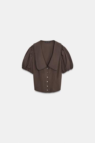 Zara PETER PAN COLLAR PUFF SLEEVE TOP - Brown