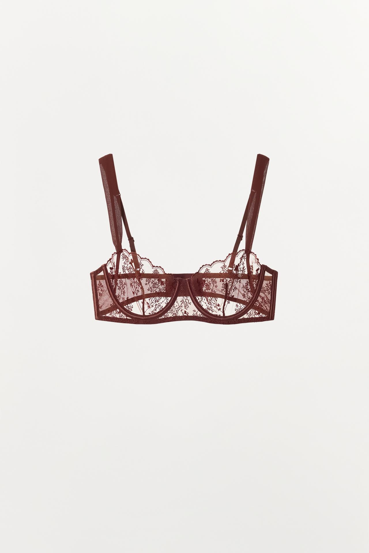 FLORAL EMBROIDERED BRA — Dark brown