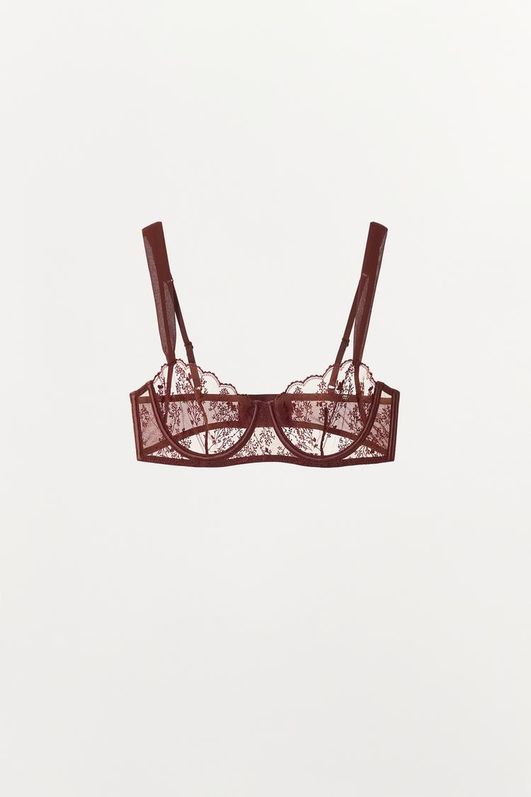 FLORAL EMBROIDERED BRA — Dark brown