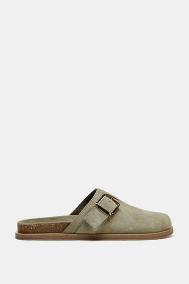 SUEDE CLOGS WITH METAL BUCKLE - Khaki Green by Zara - Image 0