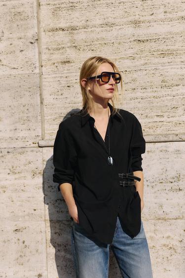 CHEMISE EN POPELINE À PATTES - Noir de Zara - Image 1