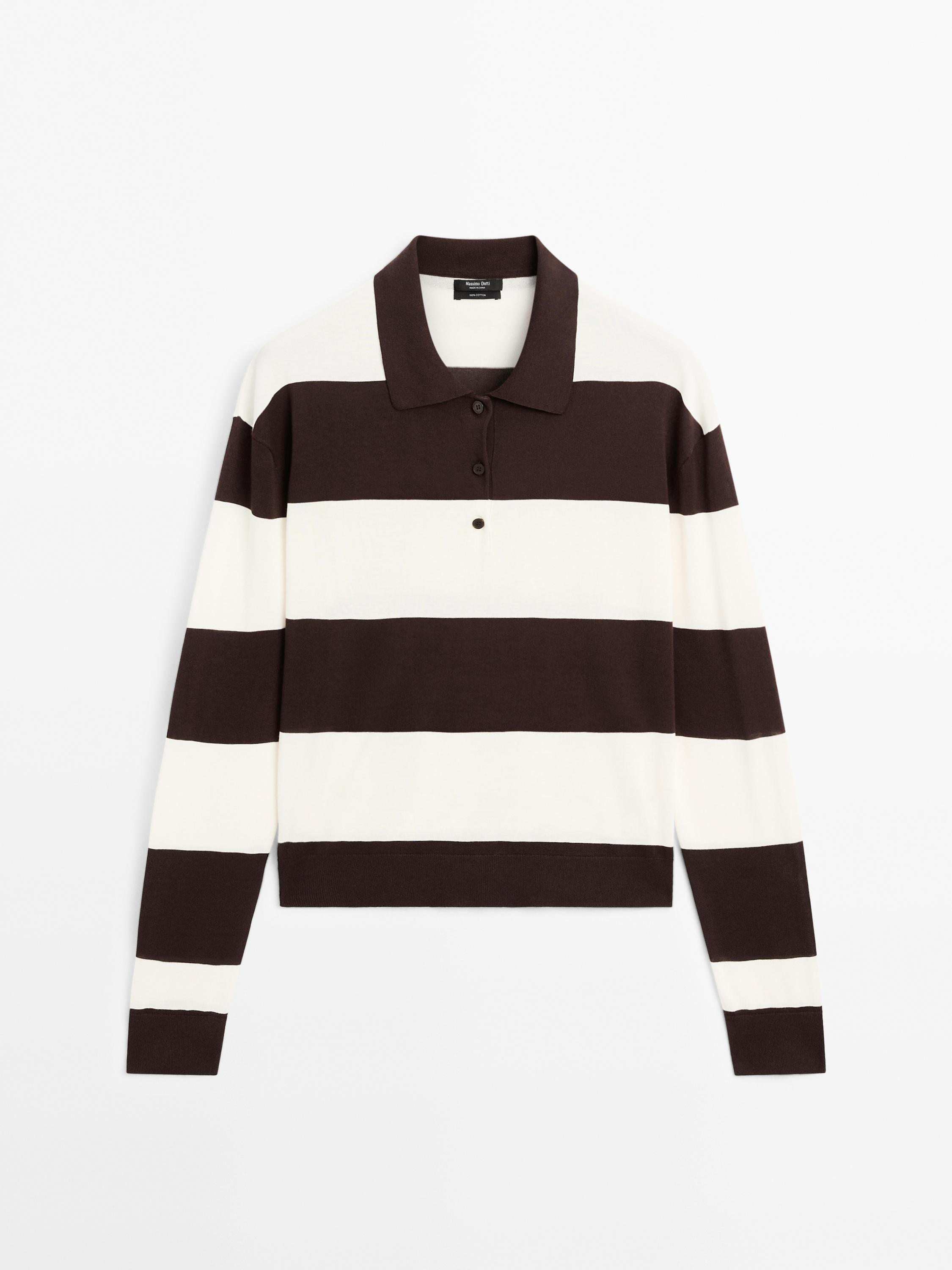 Striped knit sweater with polo collar
