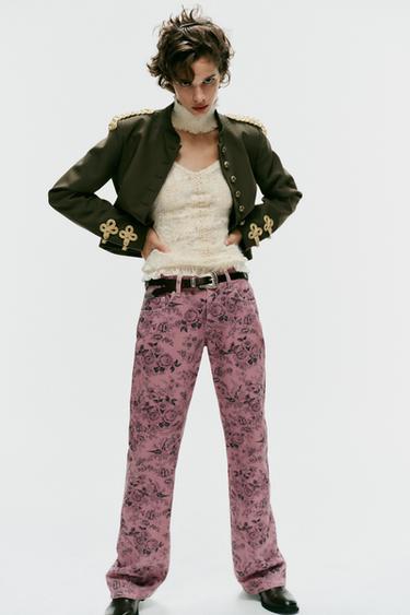 TRF LOW-RISE FLORAL WIDE-LEG JEANS - Pink by Zara