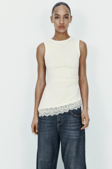 CAMISETA MANGA SISA ENCAJE - Blanco roto de Zara