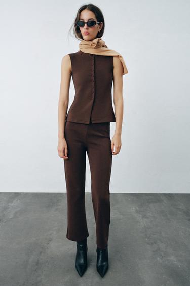 FABRIC-COVERED BUTTON VEST — Brown 2