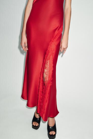 CAMISOLE DRESS WITH CONTRAST LACE - Red by Zara - Image 1