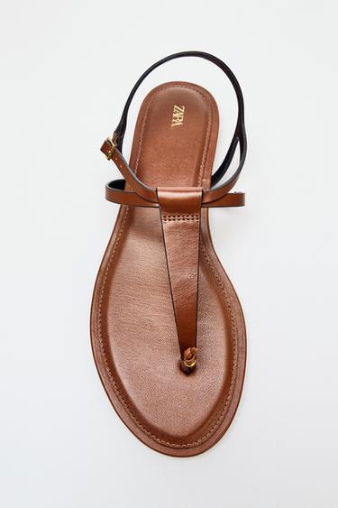Zara LEATHER FLAT SANDALS - Brown