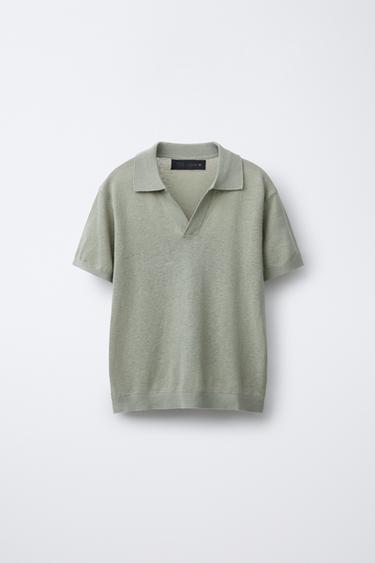 LINEN BLEND KNIT POLO SHIRT - Light khaki by Zara
