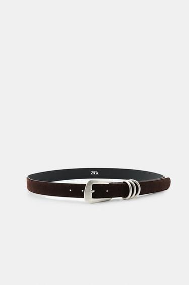 CINTO DE PELE EM CROUTE COM ANÉIS - Castanho da Zara