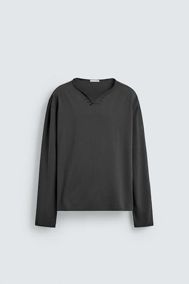 IRREGULAR HENLEY T-SHIRT - Grey / Blue by Zara
