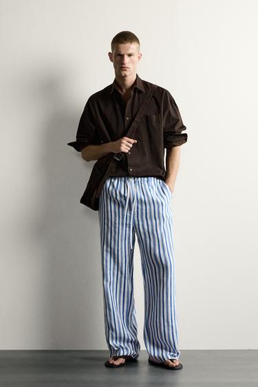 Zara 100% LINEN RELAXED FIT PANTS - Navy / White - Image 0