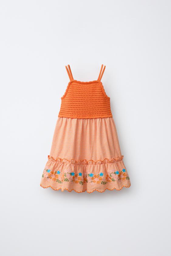 COMBINED KNIT DRESS WITH GINGHAM AND EMBROIDERED FLOWERS - Orange by Zara - Image 0