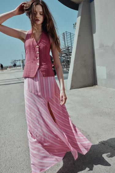 JUPE MI-LONGUE EN LIN À RAYURES - Rose / Blanc de Zara - Image 2