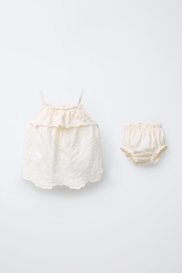 Zara EMBROIDERED FLORAL BLOUSE AND BRIEFS - Ecru
