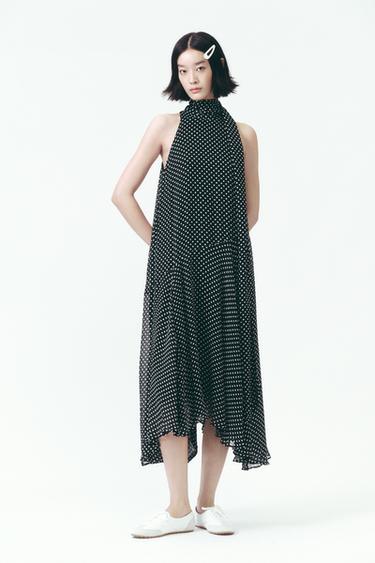 Zara ZW COLLECTION 波卡圓點繞頸連身裙 - 黑色 / 白色