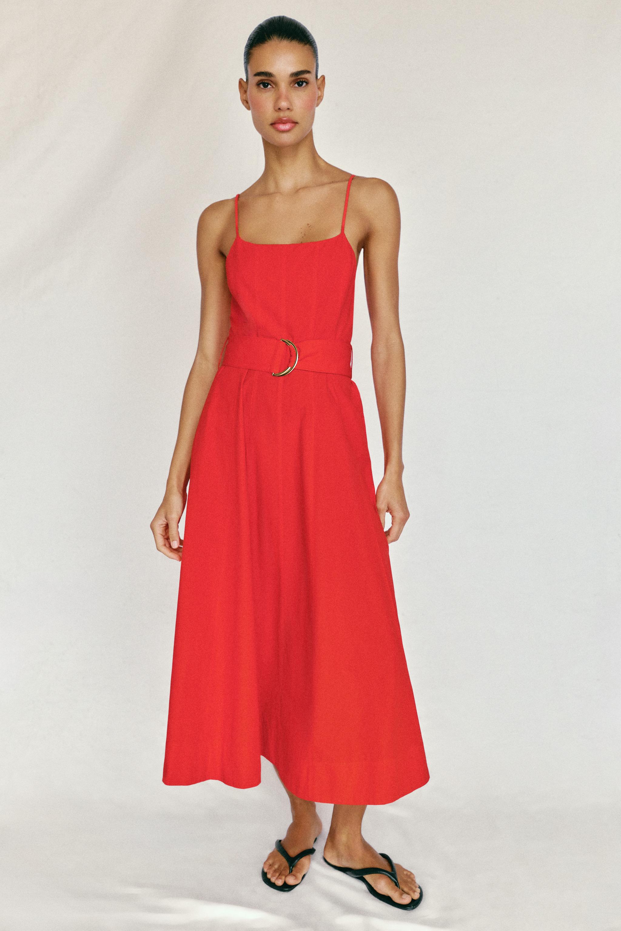 BELTED POPLIN MIDI DRESS - Red | ZARA United States